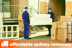 two removalists loading a truck with a lounge furniture and boxes