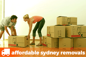 a young couple dragging a cardboard removalist box near a big pile of more moving boxes